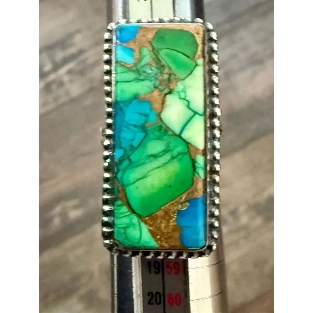 Peacock Dahlia Turquoise Statement Ring Artisan Silver Mosaic Rectangle Ring 7